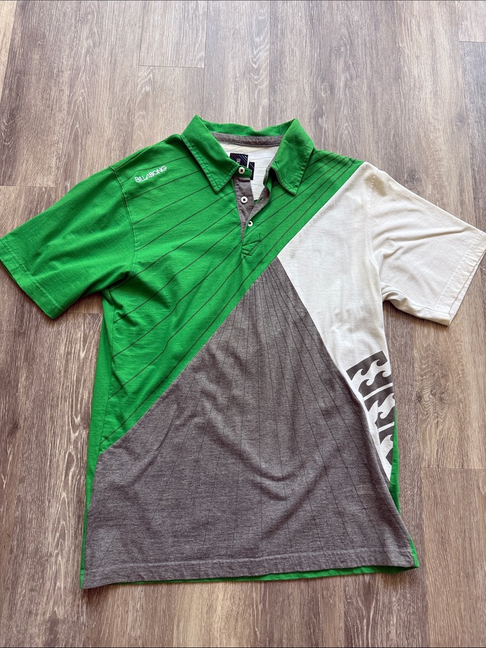 Billabong Green with Gray Trim and Pinstripes Polo the white on it is dingy